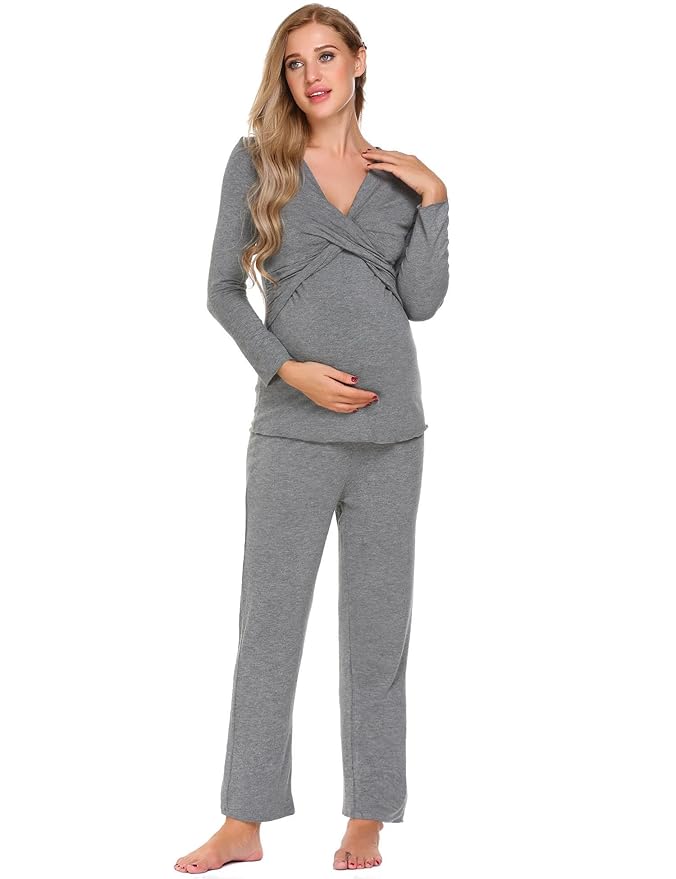 ADOME Damen Umstandspyjama Lang Stillfunktion Stillschlafanzug Stillpyjama Umstandsnachthemd für Schwangere Baumwolle