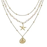 Seashell Starfish Necklace for Women Conch Shell Summer Pearl Beach 14k Gold Layered Dainty Choker