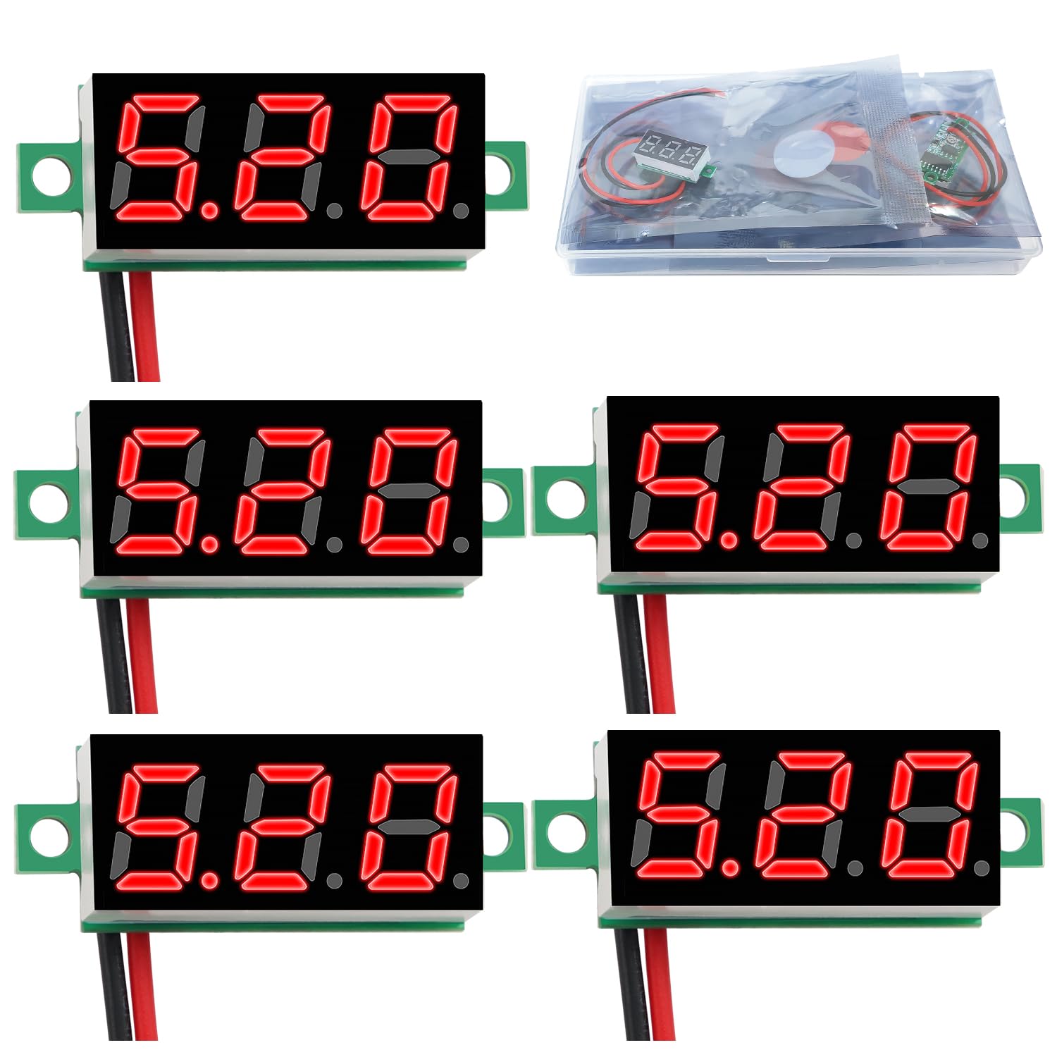 YIXISI 5 PCS DC 2.4-30V Gauge Tester 0.28", 2 Wires Mini Digital LED Voltmeter Display with Reverse Polarity Protection and Accurate Pressure Measurement Voltage Tester (Red）