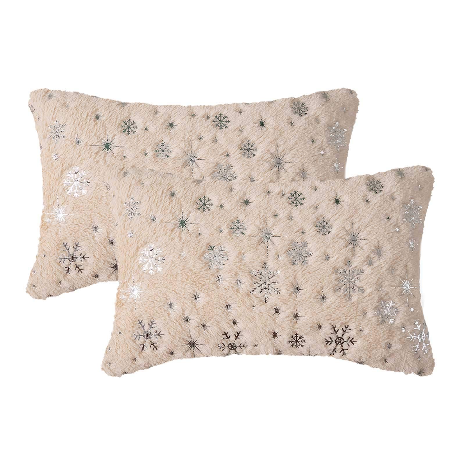 MIULEE Pack of 2 Christmas Cushion Covers Faux Fur Throw Pillow Cover Fluffy Soft Decorative with Snow Patterns Rectangle Pillow Covers Plush Case for Sofa Bedroom 12 x 20 Inches 30 x 50 cm Beige