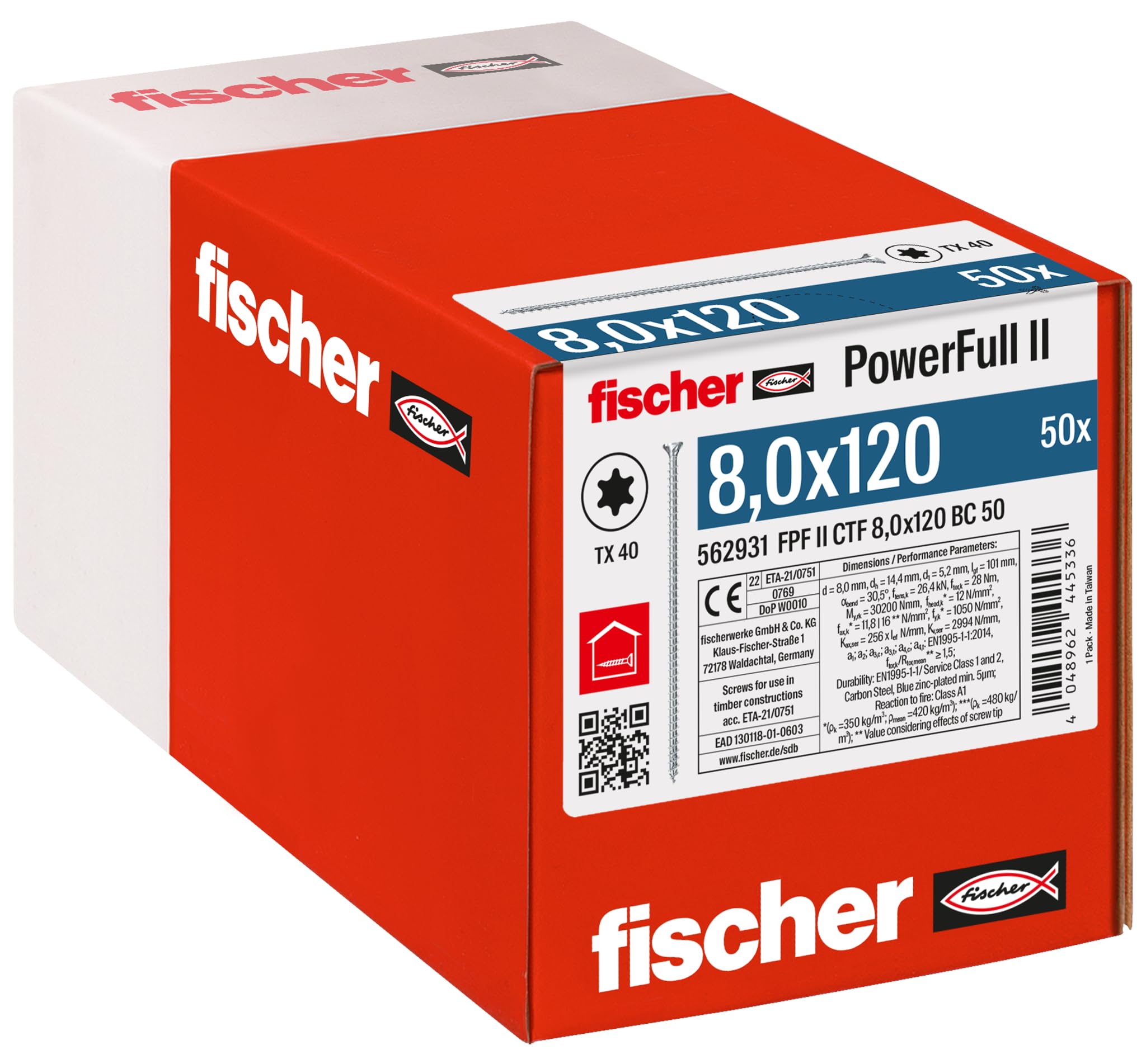fischer PowerFull II 8.0 x 120, Premium Fully Threaded Screw (Pack of 50) with Innovative Tip Geometry, Steel Screw for Load-bearing Wood Structures with Countersunk Head, Reduces Splitting Risk โ image 1