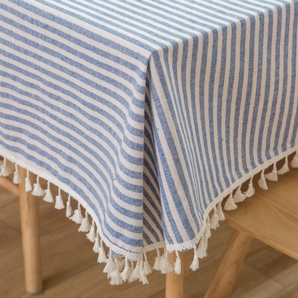 Plenmor Table Cloth Rectangle Stripe Tassels Tablecloth Rectangular Dust-Proof Cotton Table Cover for Kitchen Dinning Tabletop Decoration (140cm x 220cm, Blue)
