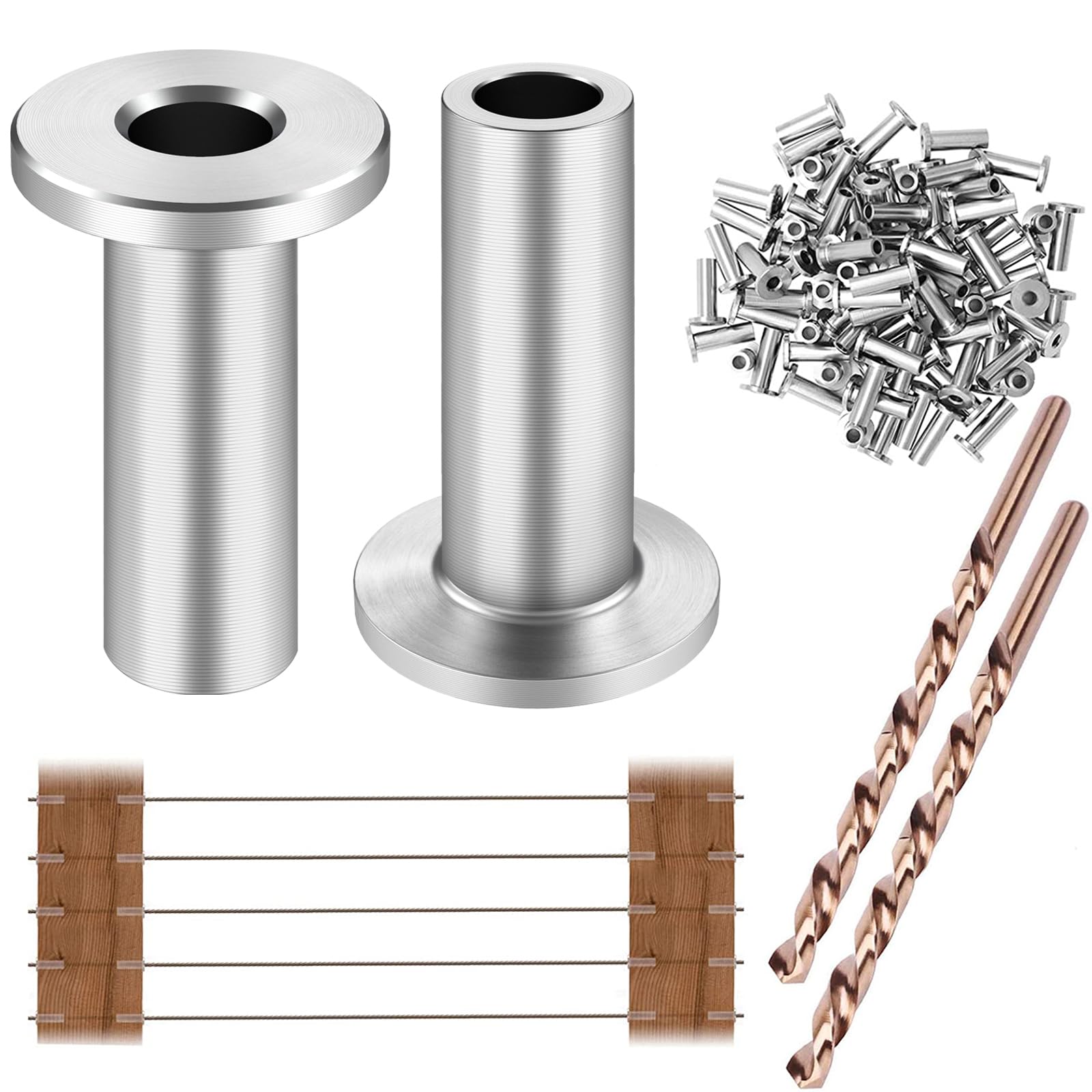Photo 1 of CKE 200 Pack T316 Stainless Steel Protector Sleeves for 1/8" Wire Rope Cable Railing, Marine Grade Protective Sleeves Deck Cable Railing Kit for Wood Posts DIY Balustrade, CR01