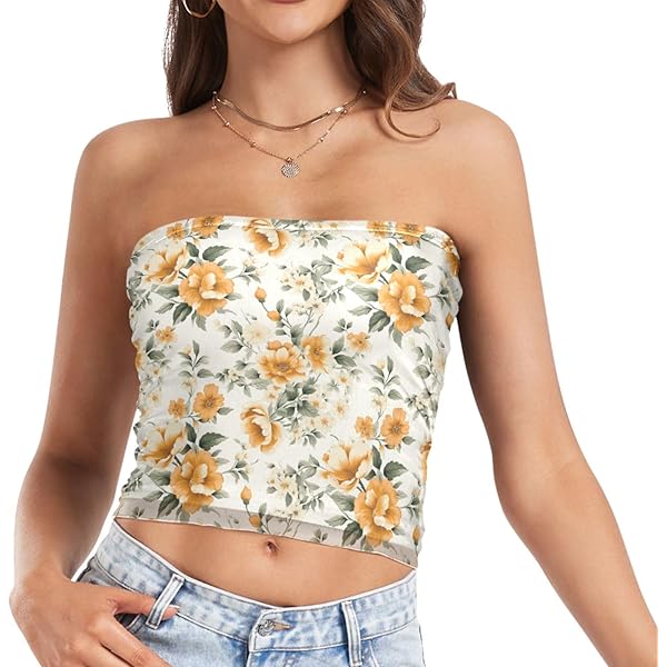 Womens Tube Tops Yellow Flower Floral Mesh Crop Top Strapless