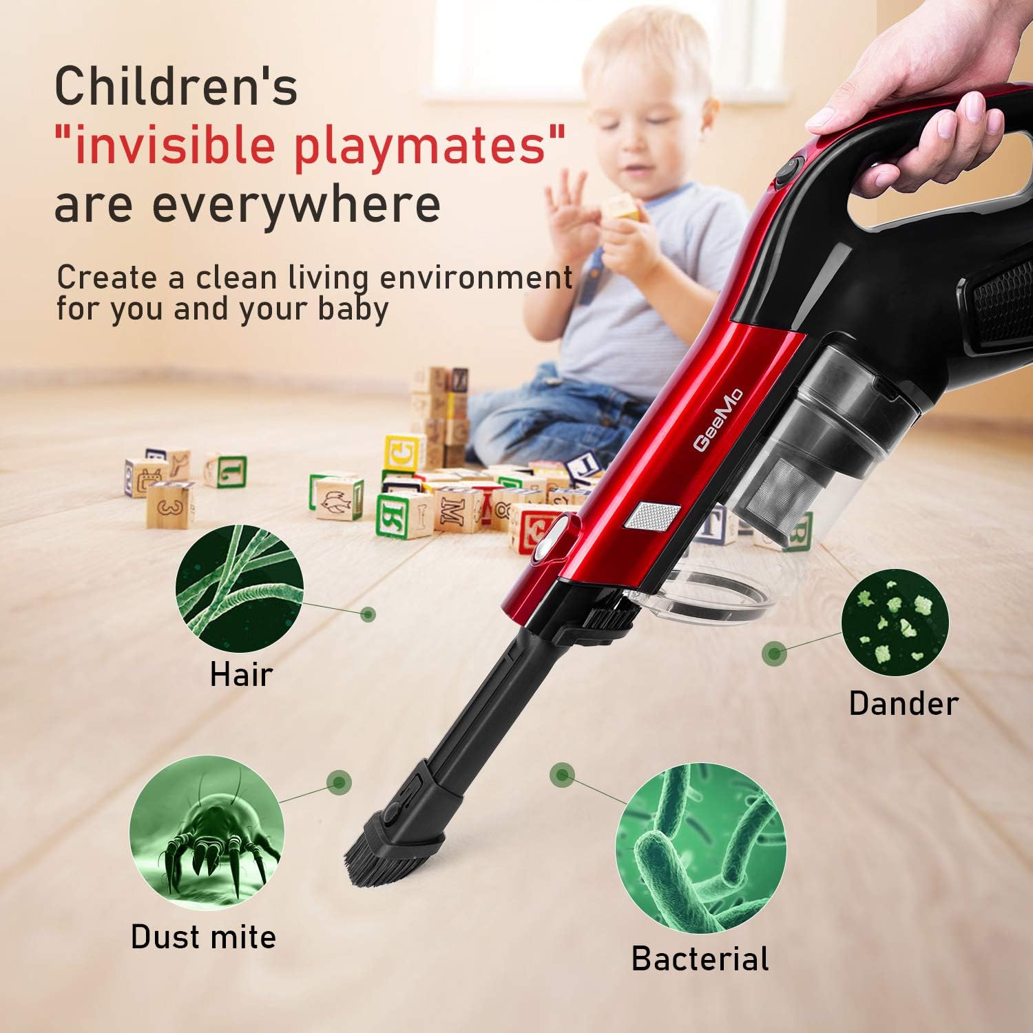 GeeMo Vacuum Cleaner, 4 in 1 Stick Vacuum 17Kpa Powerful Suction, with LED Electric Brush 1.2L High-Capacity Quiet Vacuum, with HEPA Quadruple Filter for Deep Clean Pet Hair Carpet Hard Floor - H595 -