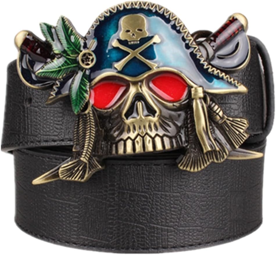 Moolecole Men's Pirate Skull Big Buckle Belt Fashion Punk Belt Black