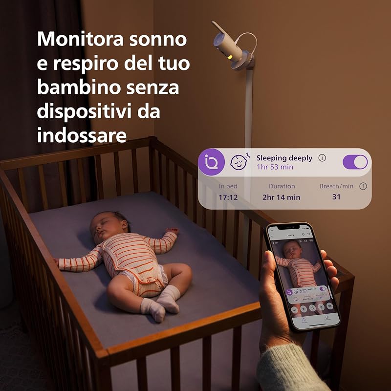 PHILIPS Avent Premium Connected Baby Monitor, il monitor più avanzato di sempre di Avent, controllo di sonno e respirazione con IA, HD, app, SCD973/26