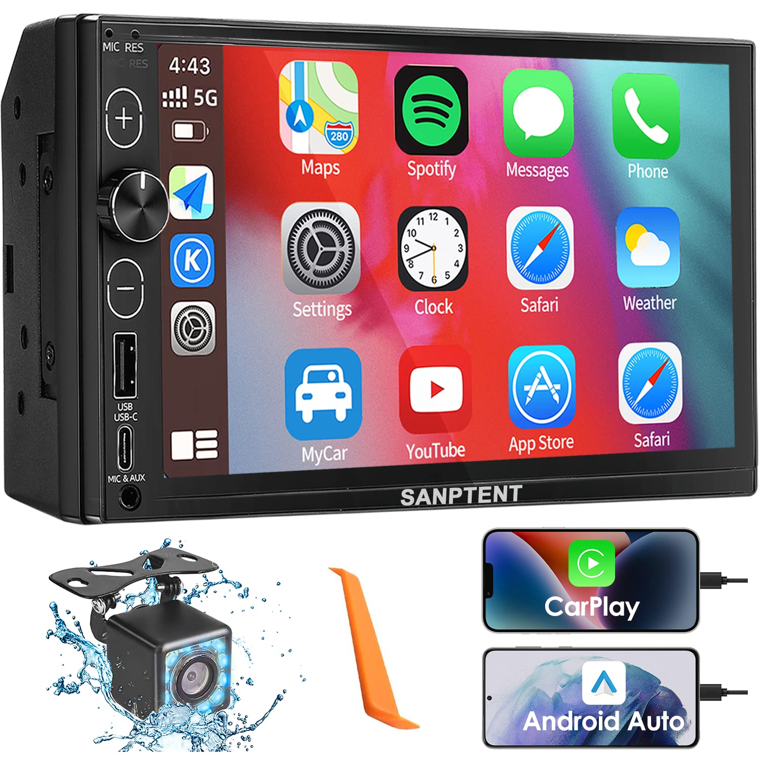 Photo 1 of Double Din Car Stereo Apple Carplay & Android Auto 7-Inch Full HD Touchscreen Car Audio Receiver with Bluetooth, FM Radio, USB & Type-C Ports, External Mic/AUX Input, Rear View Camera, Mirror Link