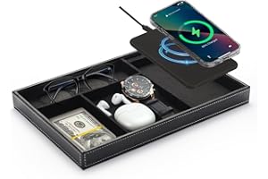 TopMade Valet Tray with Wireless Charging Pad Nightstand Organizer, Leather Desktop Storage Dresser Organizer Charging Statio