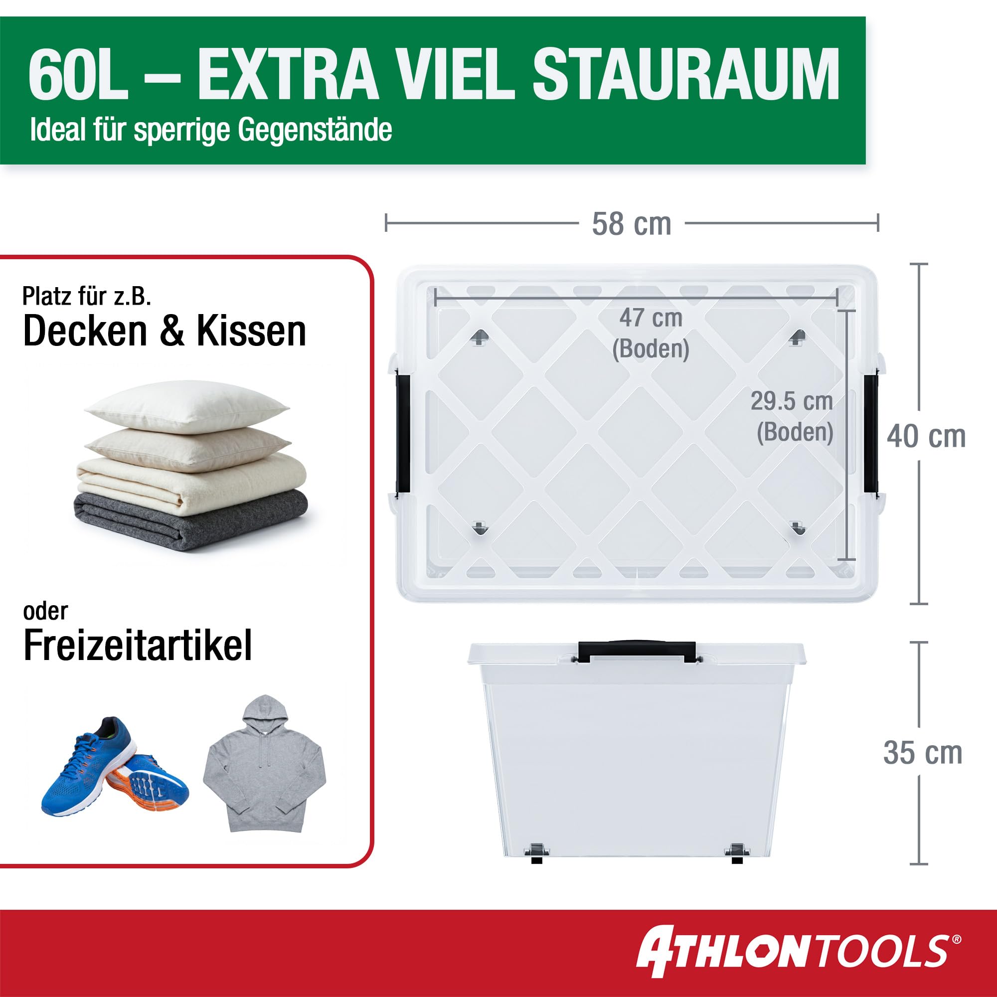 ATHLON TOOLS 4x 60 L Aufbewahrungsboxen mit Deckel, lebensmittelecht - Verschlussclips - 100% Neumaterial Plastik-Box transparent - Kleiderboxen stapelbar… 2