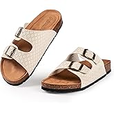 PRIMNICE Women's Comfy Arch Support Cork Footbed Adjustable Knitting Straps Indoor and Outdoor Slides Sandals