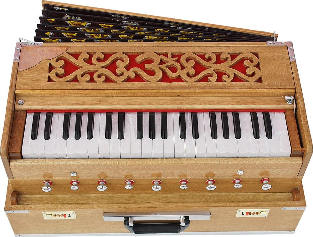 OM Harmonium Traveler/Portable/Folding Type By Kaayna Musicals, 9 Stops- 5 Main & 4 Drone, 3½ Octaves, Coupler, Teak Colour, Gig Bag, Bass-Male Reed - 440 Hz, Suitable for Yoga, Bhajan, Kirtan, Mantra
