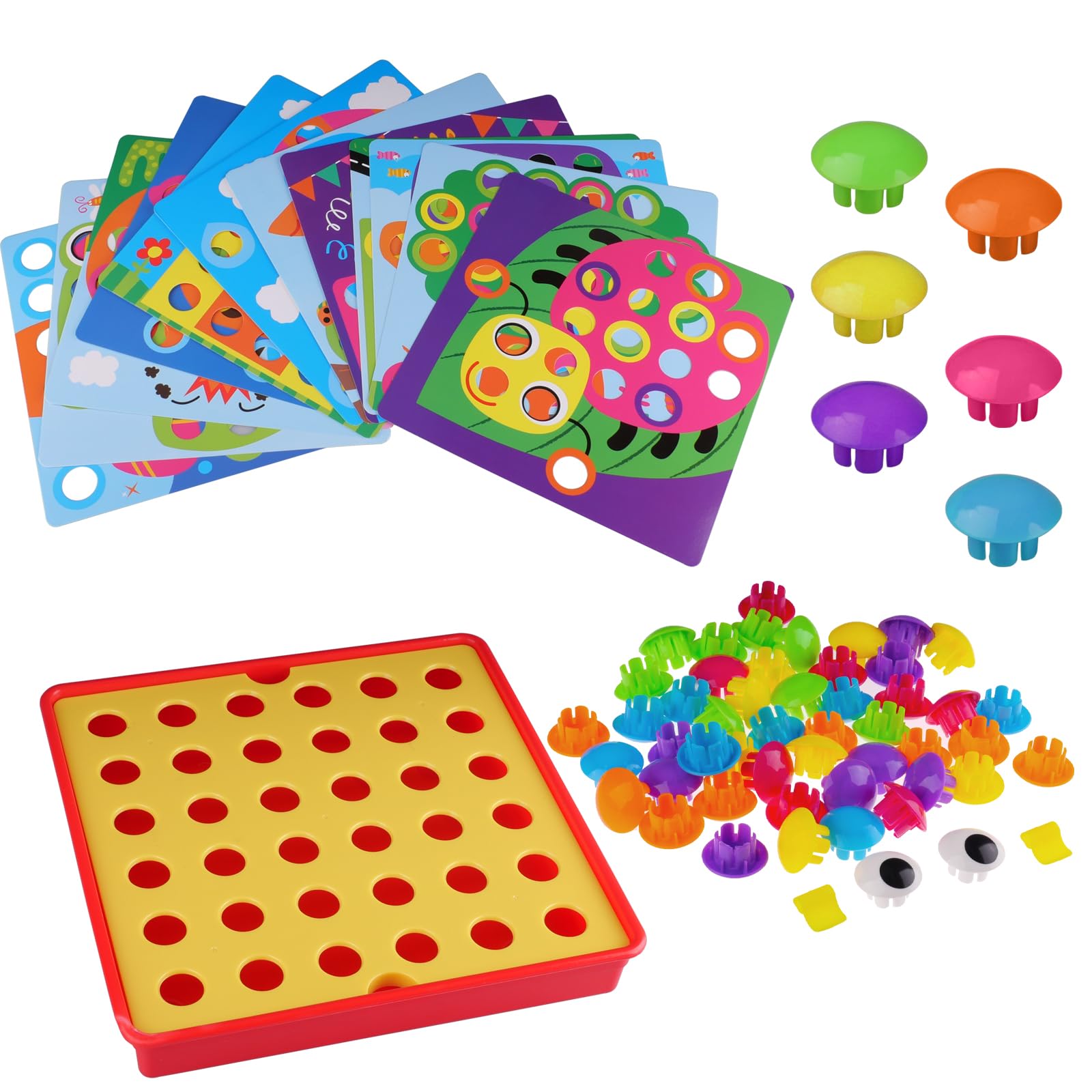 quiodok Button Art Toys for Toddlers, Color Matching Mosaic Pegboard with 12 Pictures 50 Buttons and Red Storage Box, Button Art Toddler Toys Age 3+ Year Old