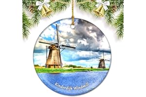 UMSUFA Netherlands Holland Kinderdijk Windmill Christmas Ornaments for Tree Ceramic Pendant Double Sided Ornament Decor Xmas Gifts Porcelain Travel Souvenirs