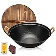 WANGYUANJI Cast Iron Wok Pan 14.9 inch Large SUGUO Wok Stir Fry Pan Flat Bottom with Dual Handle and Wooden Lid, Suitable for All Cooktops, Uncoated Craft Wok Healthy Cooking Wok