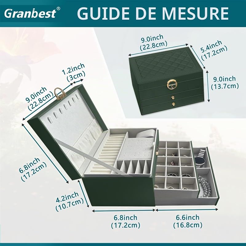 Boîte à bijoux 3 étages avec 2 tiroirs, élégant coffret à bijoux en cuir, idéal pour colliers, bracelets, bagues et boucles d'oreilles (Vert foncé) — photo 6 sur 7