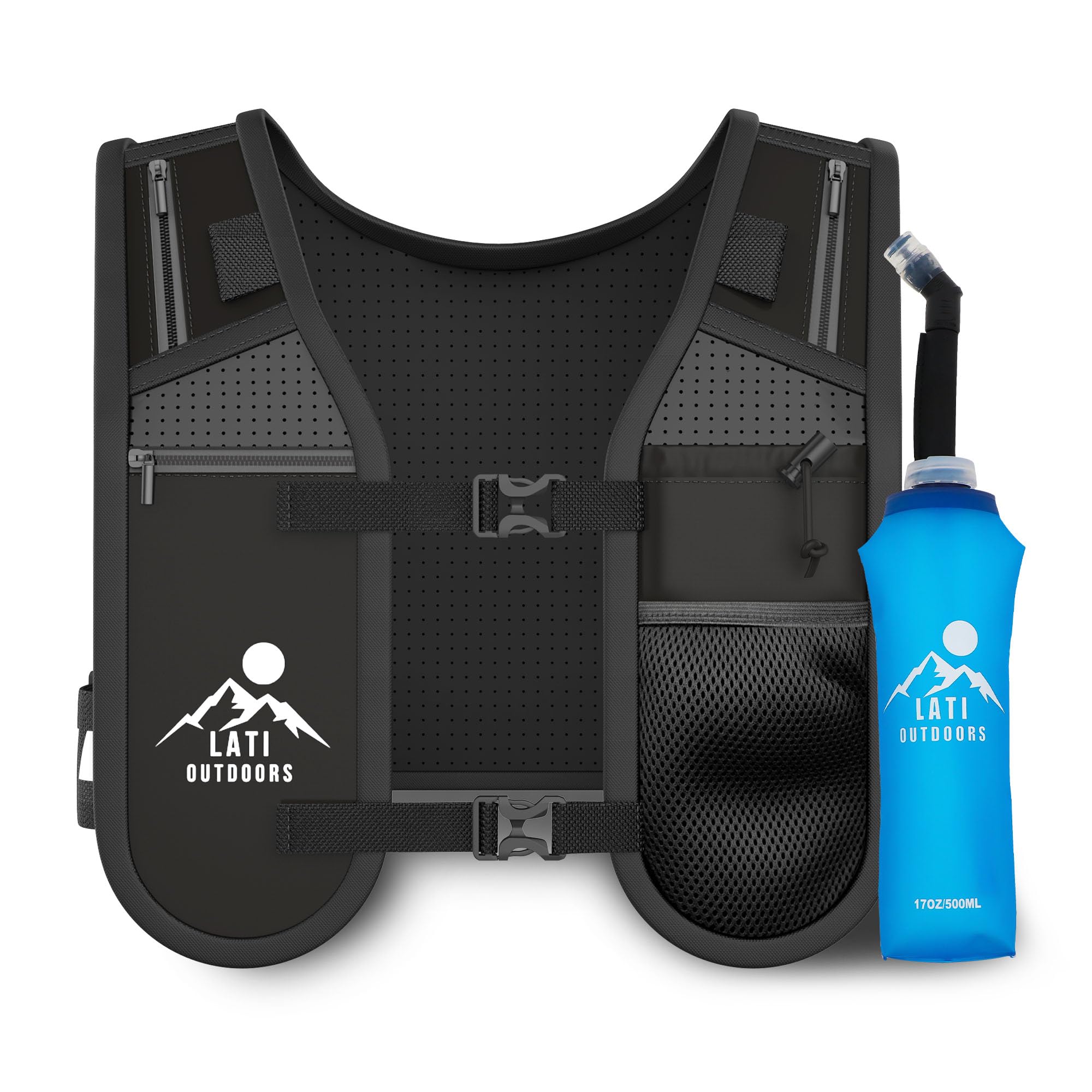 Lati Outdoors Running Vest with Waterproof Phone Pouch - Breathable Hydration Pack with 500ml Collapsible Water Bottle - Adjustable Reflective Running Hydration Pack for Men and Women with 6 Pockets