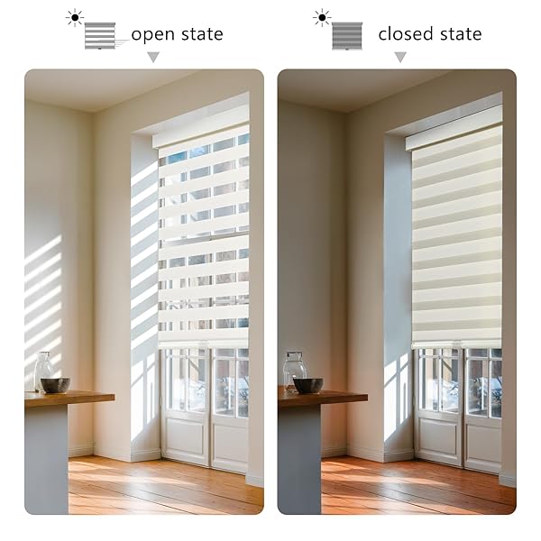 AOSKY CORDLESS ZEBRA BLINDS FOR WINDOWS PULL DOWN ROLLER WINDOW SHADES DUAL LAYER LIGHT FILTERING PRIVACY FOR DAY AND NIGHT, FREE-STOP DOOR SHADES FOR HOME EASY TO INSTALL (26″ W X 72″ H, BEIGE)