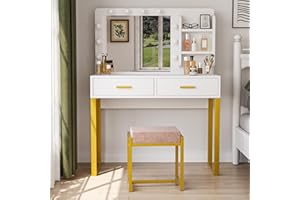 Semiocthome Vanity Desk with Mirror and 10 LED Lights, 39.4"W Makeup Desk with 2 Big Drawers and Side Shelves for Storage, Girl's Dressing Table with Metal Frame, Corner Makeup Table with Chair- White