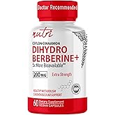Dihydroberberine Supplement 200mg 60 Capsules - with Organic Ceylon Cinnamon, 54X More Bioavailable Than Regular Berberine HCL - Nutri Supplements Dihydroberberine 200mg - 3rd Party Tested - Vegan