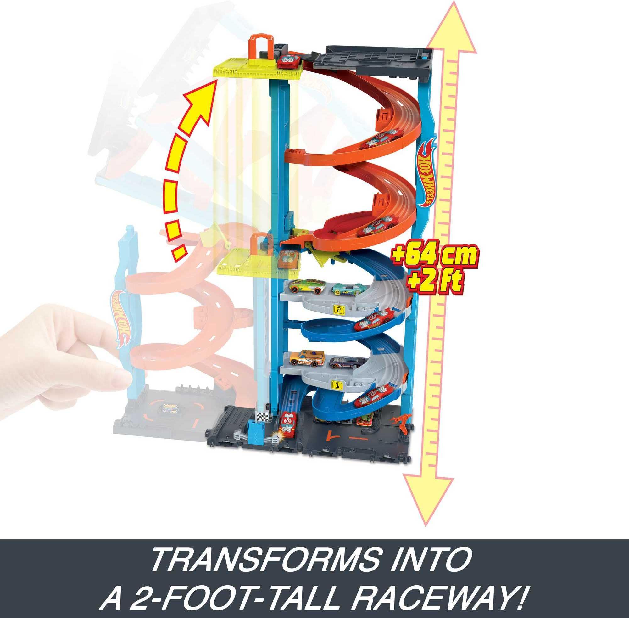 Hot Wheels City Toy Car Track Set, Transforming Race Tower, Single to Dual-Mode Racing, with 1:64 Scale Vehicle, 2 Ways to Play