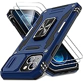 DEERLAMN Case for iPhone 15 with Slide Camera Cover + Screen Protector (2 Packs), Rotated Ring Kickstand Military Grade Shockproof Protective Cover-Navy Blue
