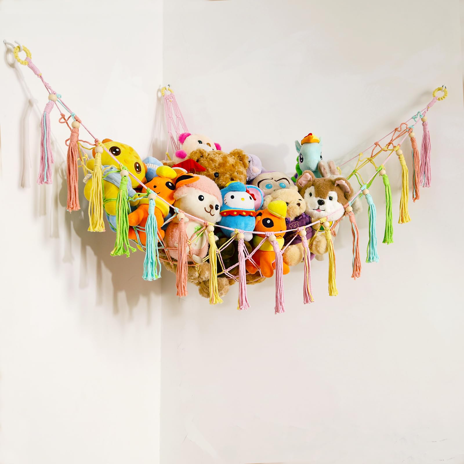 jontell Stuffed Animal Hammock Teddy Bear Net Plush Holder Soft Toy Storage Organizer Boho Macrame Toy Holder (Color)