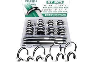 OURU 67pcs Pipe Clamp Assortment Kit 304 Stainless Steel, 10 Sizes (1/2"-4") Heavy Duty Rubber Cushioned Insulated Pipe Strap, U Bracket Clamp Conduit Clamp for Automotive, Wire & Tube