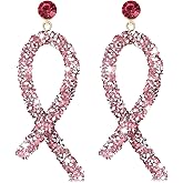 Pink Ribbon Earrings Glitter Rhinestone Breast Cancer Earrings for Woman Crystal Ribbon Dangle Earrings Cancer Survivor Support Jewelry Giftss (Crystal-A)