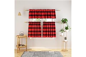NATUS WEAVER 3 Pc Cotton Classic Country Farmhouse Kitchen Window Curtain -Red & Black Buffalo Check Tier & Valance Set, 54" x 18" / 27" x 36"