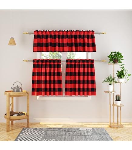 Buffalo Check Tier Curtains With Pom-Poms - 36 Inch Rod Pocket, Red/Black Plaid, Farmhouse Cafe Style - View #12