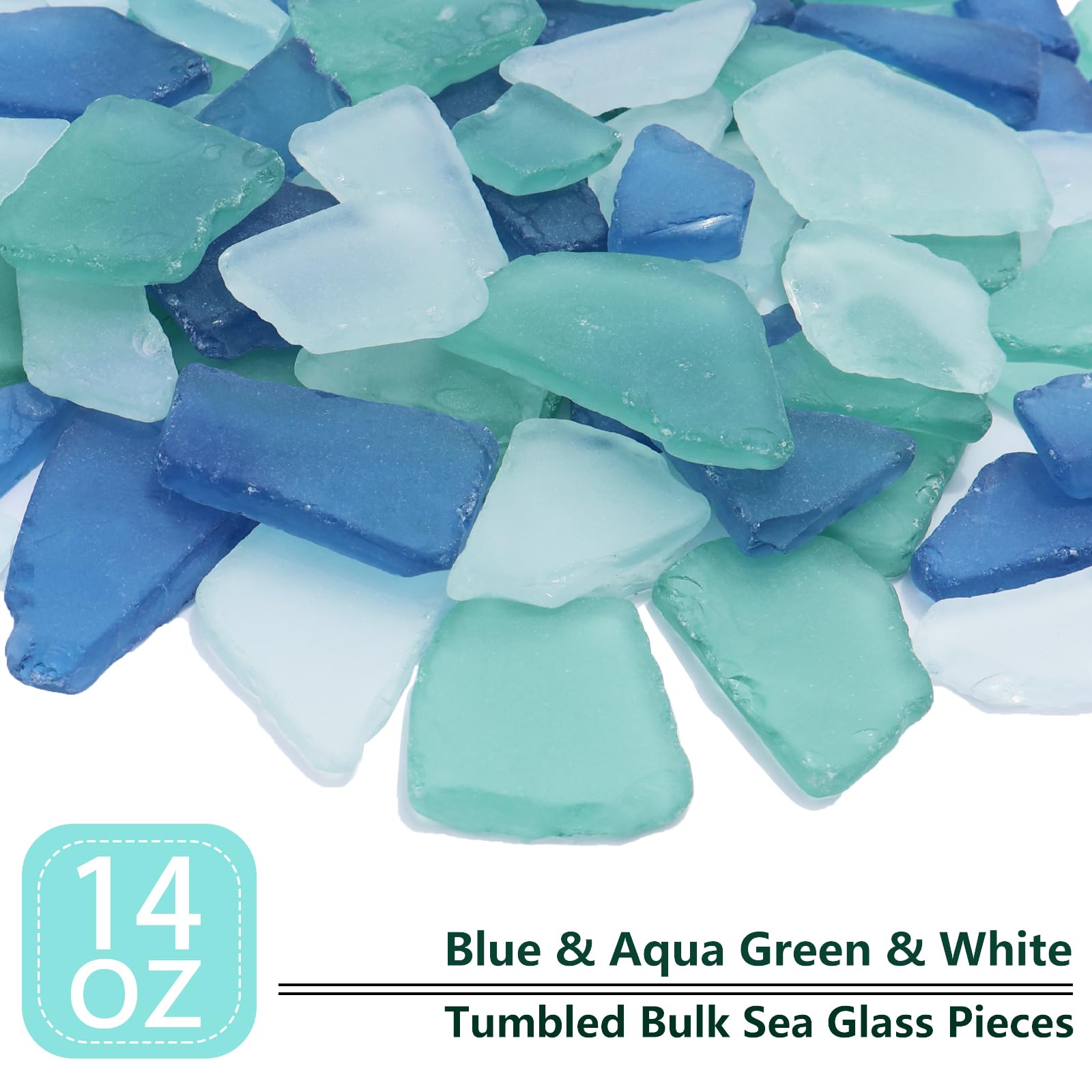 Sea Glass for Crafts - 14oz Frosted Seaglass Pieces - Vase Filler and Aquarium Ornament, DIY Craft Supplies for Art, Beach Weddings, and Home Decor (Blue, Aqua Green, White)