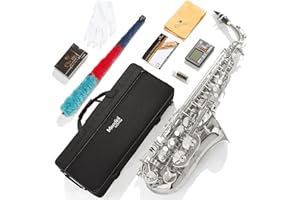 Mendini By Cecilio Alto Saxophone for Beginners, E Flat Alto Saxophone for Students Musicians with Tuner, Mouthpiece, Case, 10 Reeds, Grease, Cleaning Cloth & Rod, Gloves, Strap, Lesson Book (Silver)