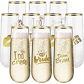 Reallnaive 12 Pcs Bridesmaid Wine Glasses Bachelorette Party Champagne Flutes 9oz Disposable Stemless Glass Champagne Flutes Gold Rim Toasting Glasses for Weddings and Parties with 12 Pcs Stickers