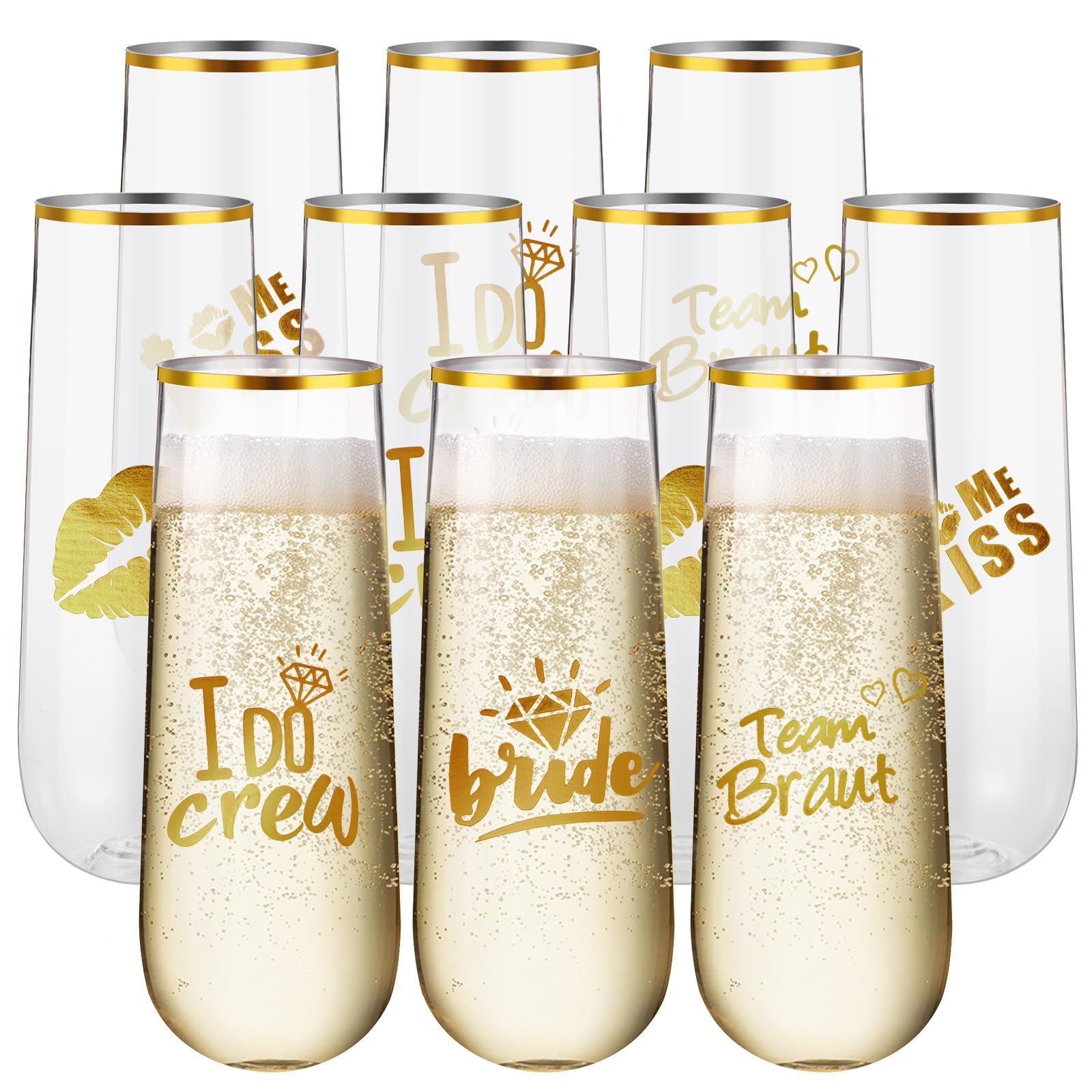 Photo 1 of Reallnaive 12 Pcs Bridesmaid Wine Glasses Bachelorette Party Champagne Flutes 9oz Disposable Stemless Glass Champagne Flutes Gold Rim Toasting Glasses for Weddings and Parties with 12 Pcs Stickers