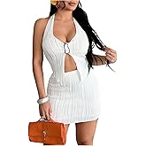 MakeMeChic Women's Summer Y2k 2 Piece Outfits Backless Ring Split Halter Tops and Bodycon Mini Skirts Set
