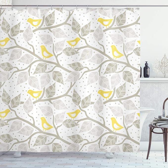 Ambesonne Grey Shower Curtain, Birds on The Branch with