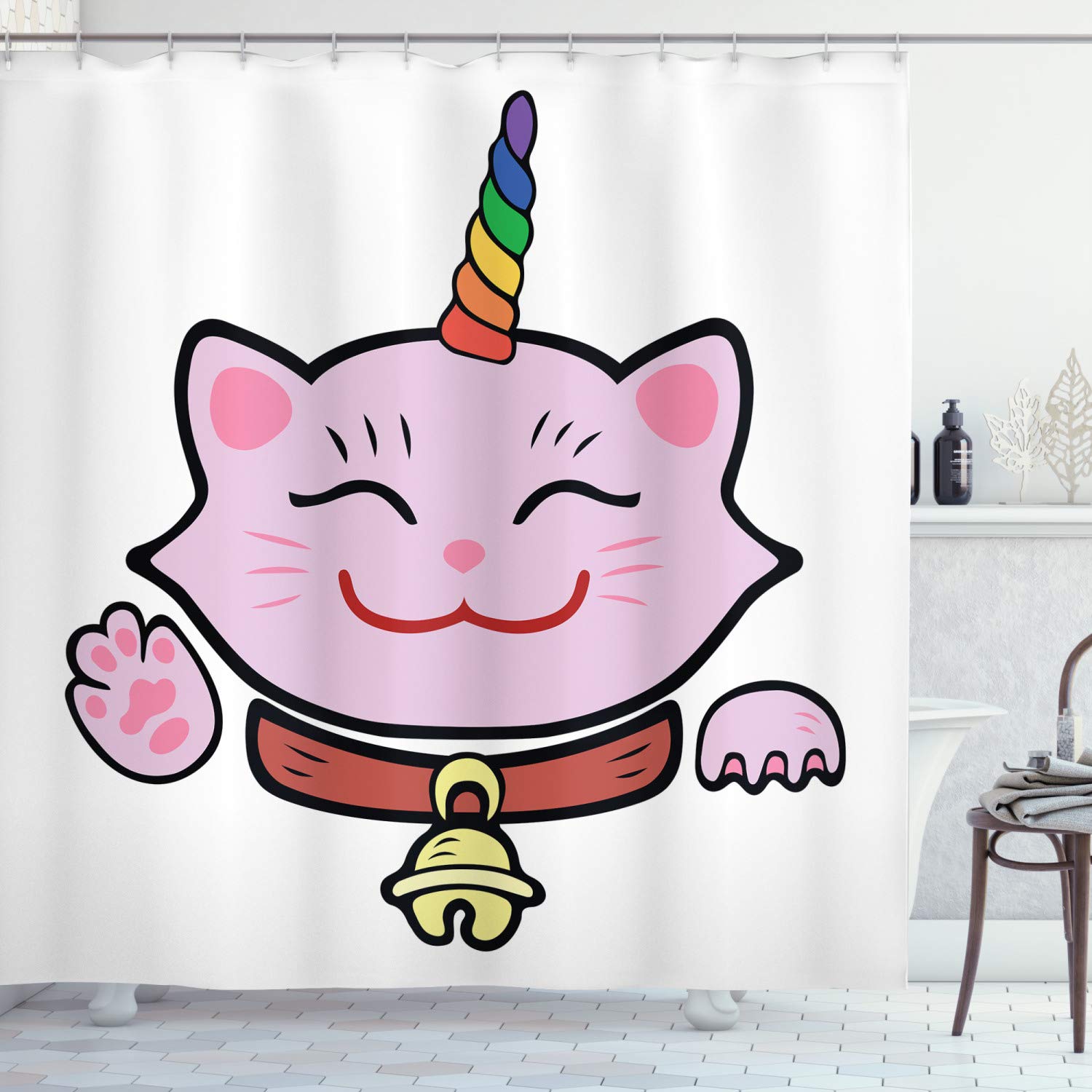 ABAKUHAUS Unicorn Cat Shower Curtain, Pink Maneki Neko of Happiness Luck Success Love Culture Cartoon, Cloth Fabric Bathroom Decor Set with Hooks, 70 Inches, Multicolor โ image 1