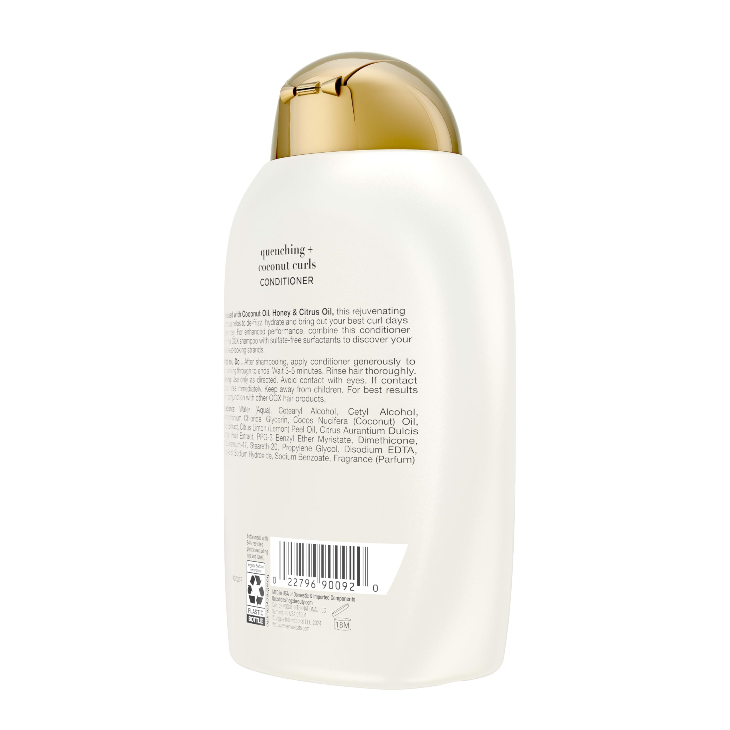 OGX Quenching + Coconut Curls Curl-Defining Conditioner, Nourishing Curly Hair Conditioner with Coconut /Citrus Oil & Honey, Paraben-Free with Sulfate-Free Surfactants, 13oz
