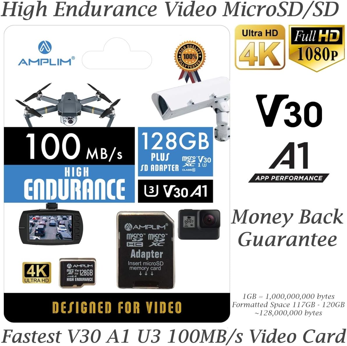 Amplim 128GB Micro SD Card, MicroSD Memory Plus Adapter, Extreme High Speed MicroSDXC SDXC U3 Class 10 V30 UHS-I TF Nintendo-Switch, Go Pro Hero, Surface, Phone Galaxy, Camera Security Cam, Tablet