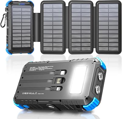 Solar Powerbank 20000mAh mit 4 Solarpanel, Powerbank mit 3 Kabeln