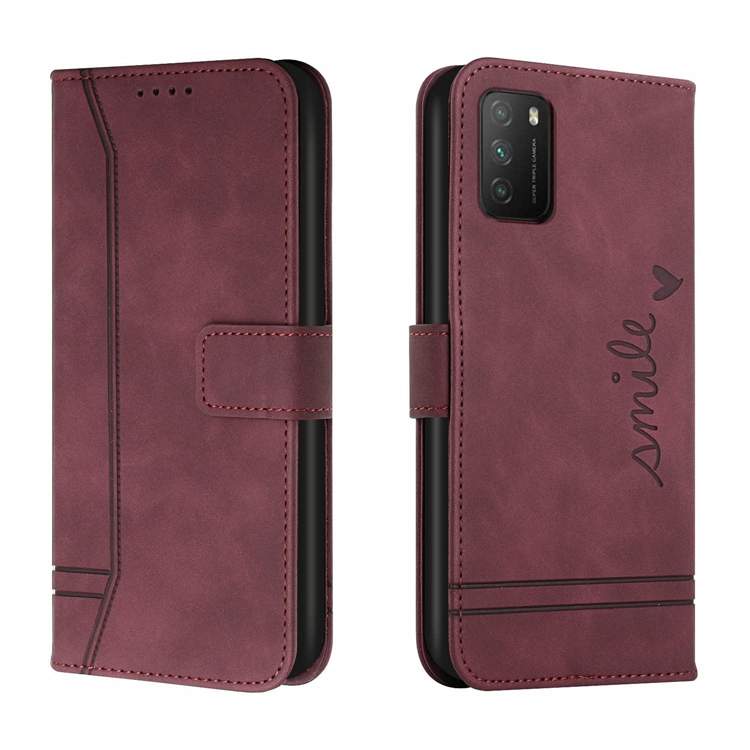 QIWEIQING Xiaomi Poco M3 Wallet Case, Xiaomi Poco M3 / Redmi 9T Magnetic PU Leather Case mit Credit Card Holder, Protective Folio Compatible with Xiaomi Poco M3 / Redmi 9T.Wine Red HX
