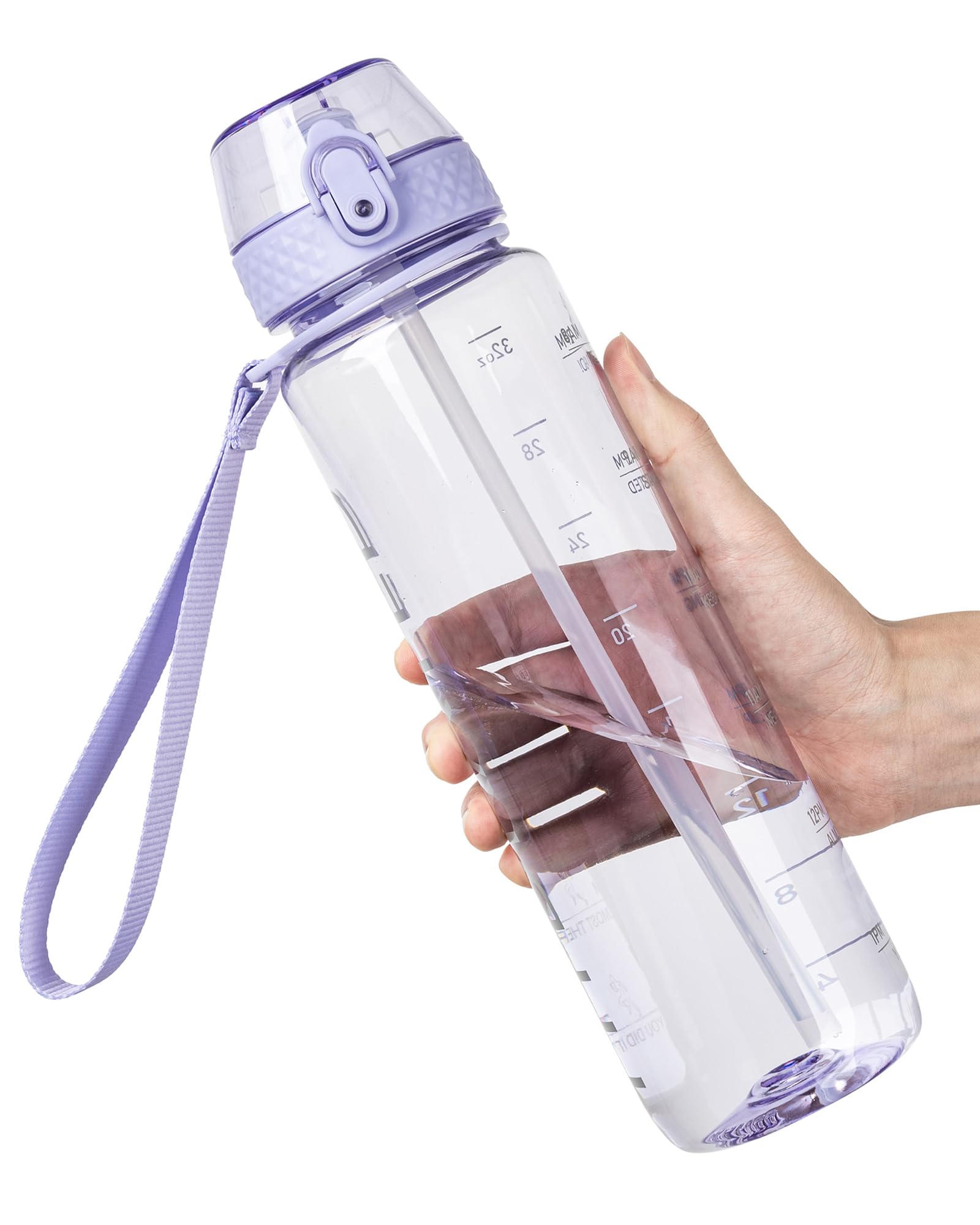 OLDLEY 1L Sports Water Bottle with Straw, Tritan 1 Litre Motivational Drink Bottle, BPA Free Leakproof Transparent Water Bottle with Time Marker for Cycling, School, Gym, Outdoor (Purple)