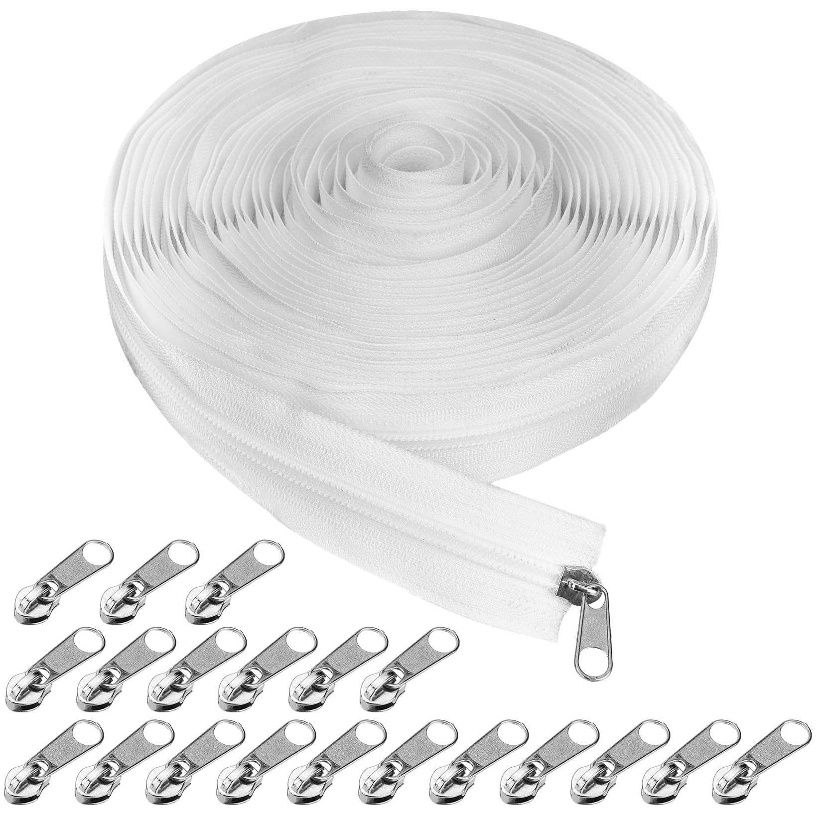 zrfgbxim 9.3m Zips for Sewing, White Continuous Zip and Sliders, Nylon Coil Zipper by the Yards, Replacement Sewing Endless Zips with 20 Metal Sliders for DIY
