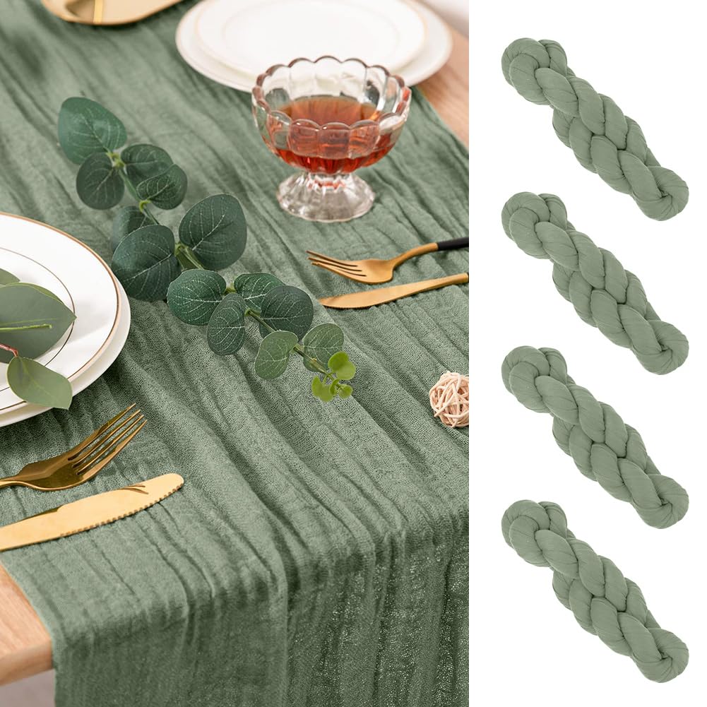 AUAUY 4 Pack Light Green Rustic Cheesecloth Table Runner, 90x300cm Boho Gauze Fabric for Baby Shower Decoration Wedding Holiday Party Summer