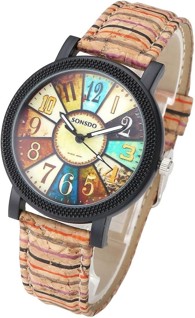 JSDDE Ladies'/Men's Wristwatch Retro Style Colourful Stripes Wood Cork Pattern Polyurethane Leather Analogue Quartz - Image 3