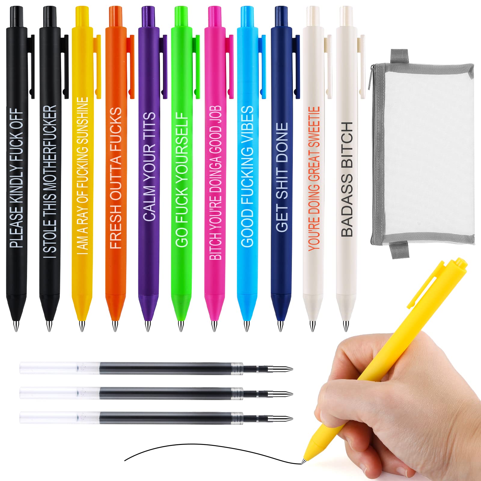 11 Pcs Funny Pens,Describing Mentality Daily Pen Set,Retractable Humorous Novelty Ballpoint Pens for Office Coworkers School Writing Journaling,Black Ink 0.5mm,with Pen Case and Replacement Refills