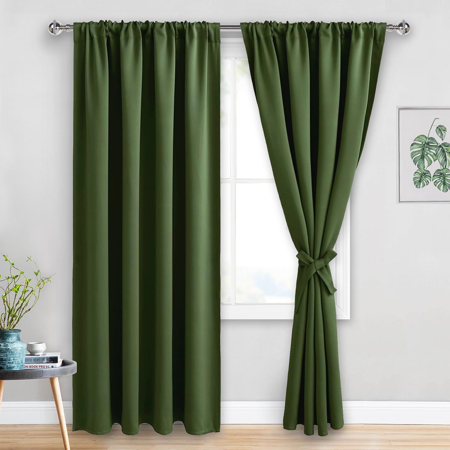 JIUZHEN Christmas Blackout Curtains for Bedroom - Thermal Insulated Room Darkening Noise Reducing, 52 x 84 Inch Length Curtains for Living Room, Set of 2 Panels with Tiebacks, Olive Green Image