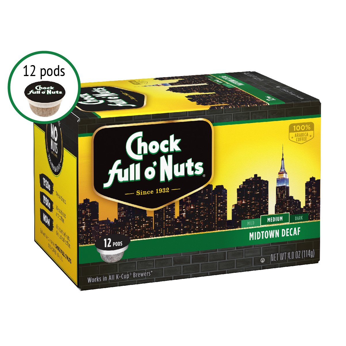 Chock Full o&rsquo;Nuts Single-Serve Coffee Pods, Midtown Decaf Medium Roast - Premium Arabica Coffee - Compatible with Keurig K-Cup Brewers (12 Count)