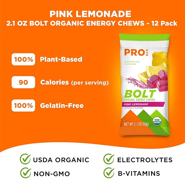 PROBAR – BOLT ORGANIC ENERGY CHEWS, PINK LEMONADE, NON-GMO, GLUTEN-FREE, USDA CERTIFIED ORGANIC, HEALTHY, NATURAL ENERGY, FAST FUEL GUMMIES WITH VITAMINS B & C (12 COUNT)